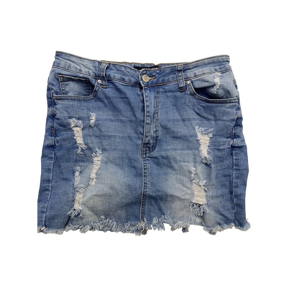WAX JEAN Skirt Womens Large Blue Distressed Denim Mini Cutoff Raw Frayed Hem